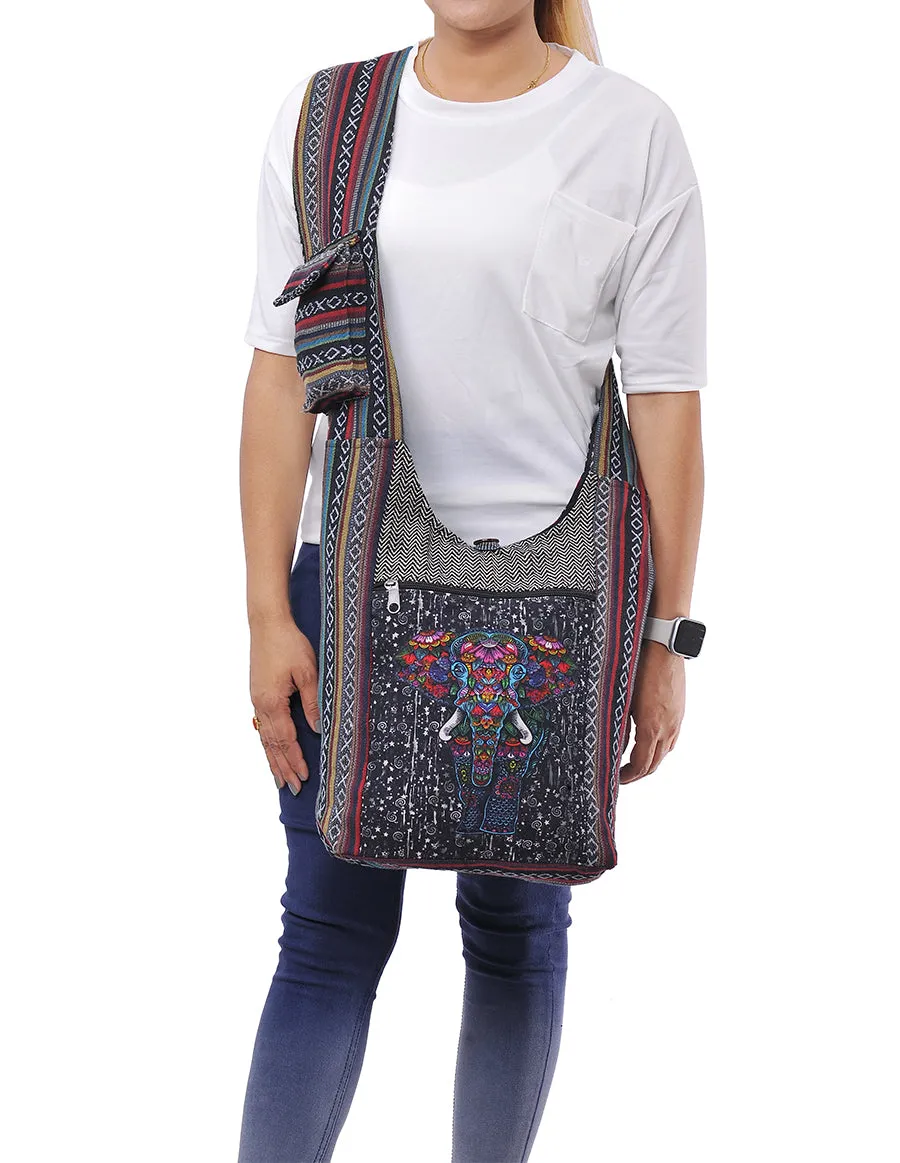 Black Elephant Printed Hobo Bag