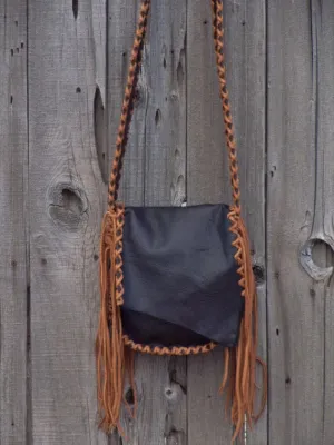 Black leather bag with fringe . Black leather crossbody bag , Possibles bag