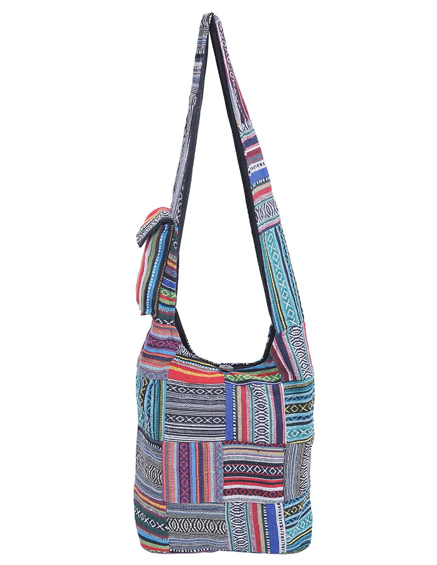 Blue Tribal Patched Cotton Hobo Bag