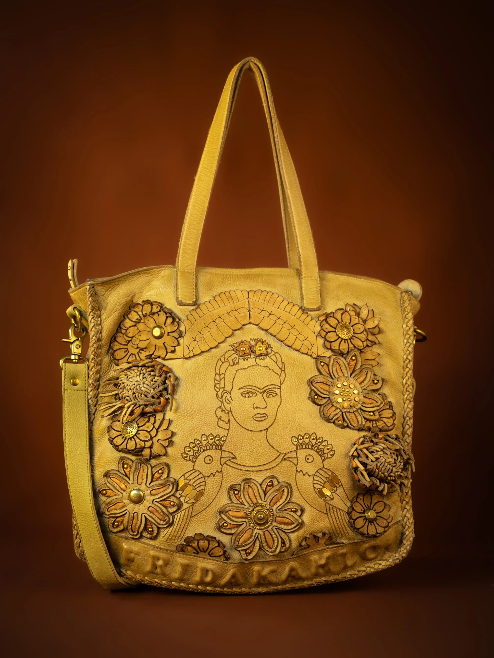 FRIDA KAHLO : Olive Leather Shoulder Bag By Art N Vintage