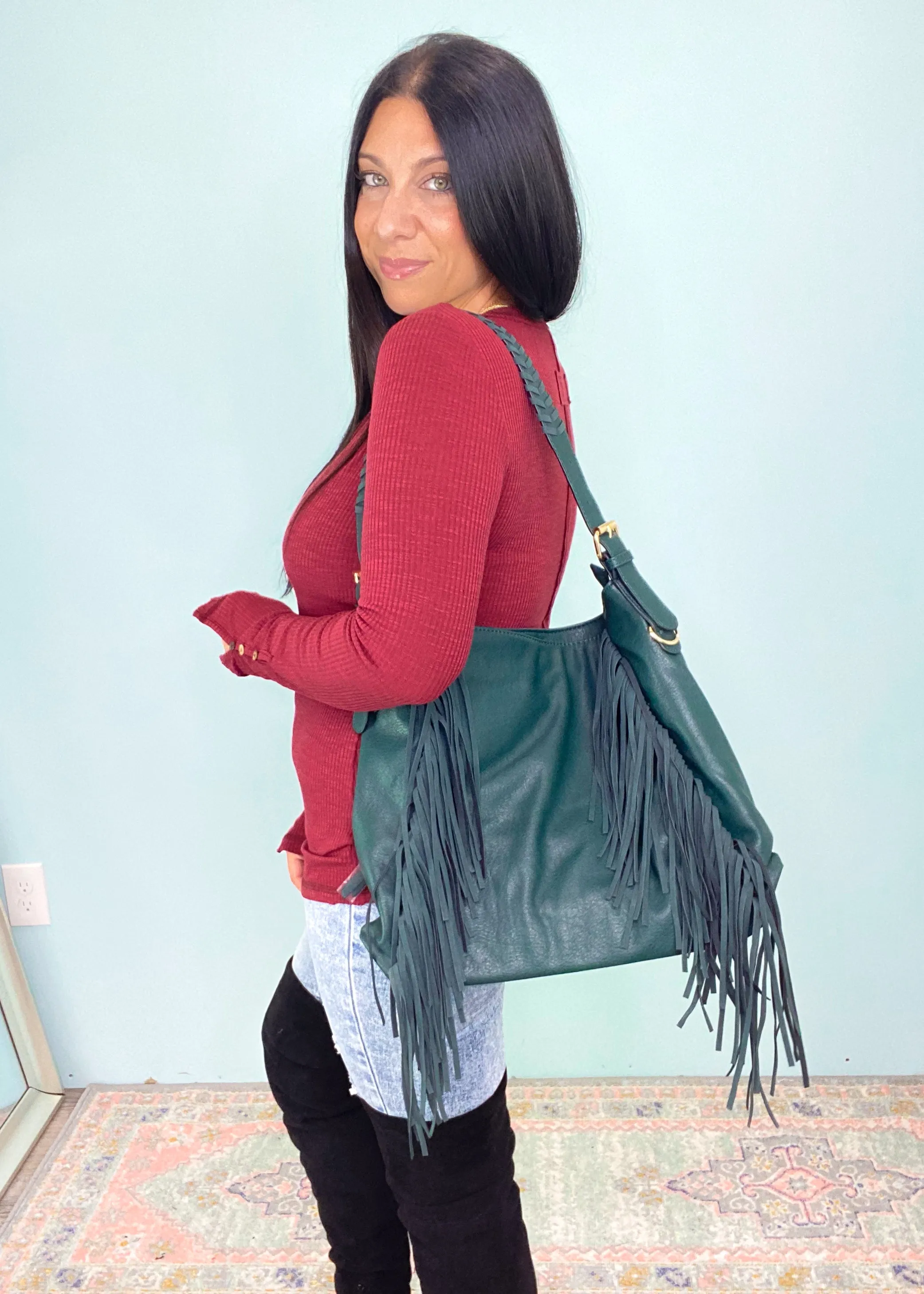 Peacock Green Distressed Faux Leather Fringe Detail Hobo Bag