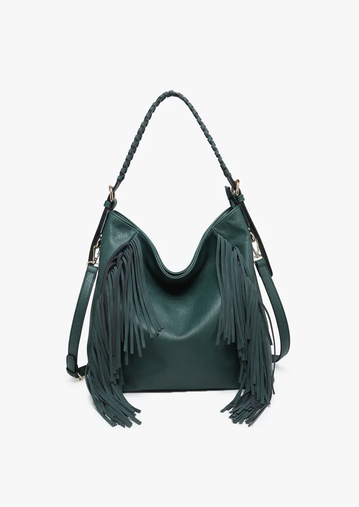 Peacock Green Distressed Faux Leather Fringe Detail Hobo Bag