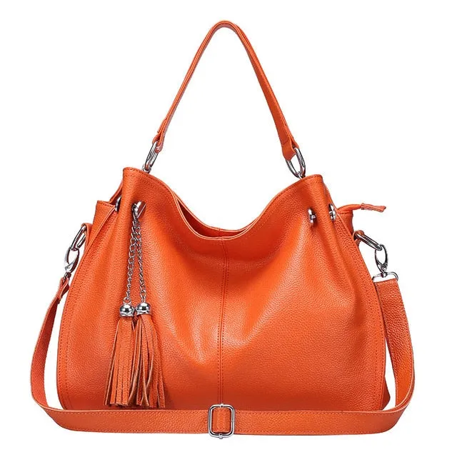 Tassel Detail Genuine Leather Shoulder Bag