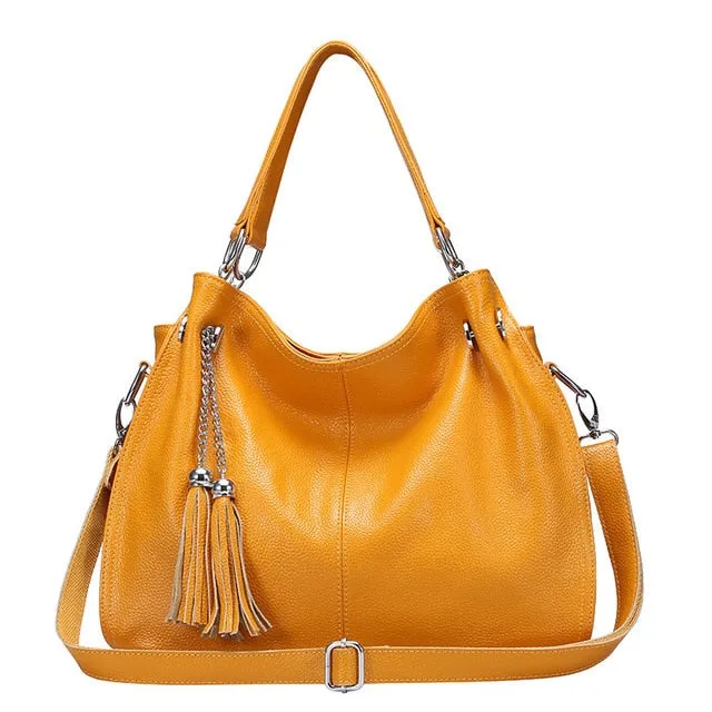 Tassel Detail Genuine Leather Shoulder Bag