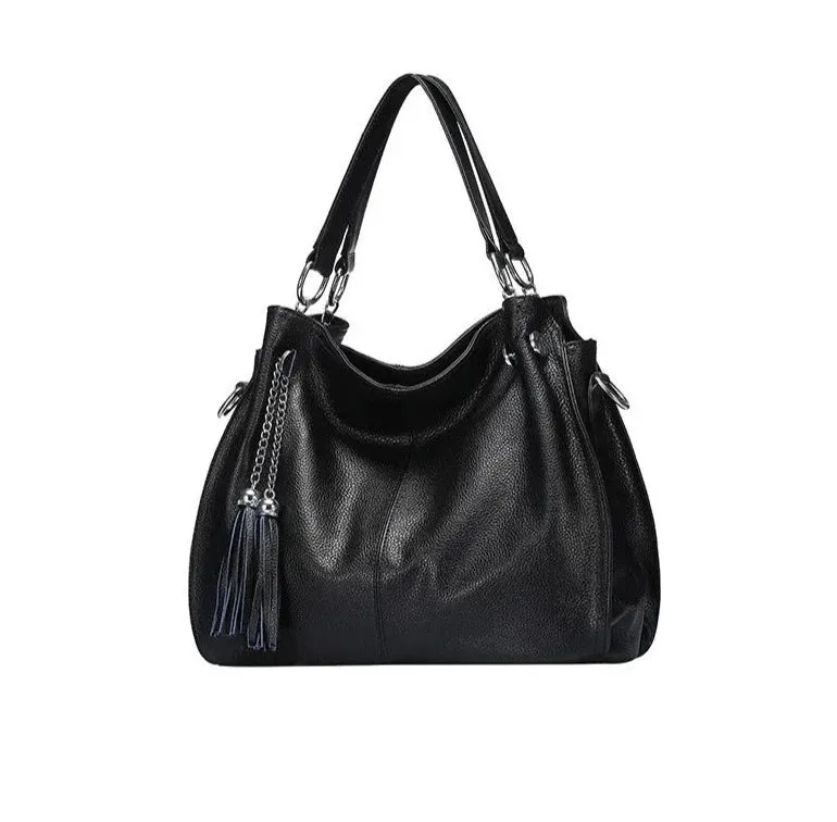 Tassel Detail Genuine Leather Shoulder Bag