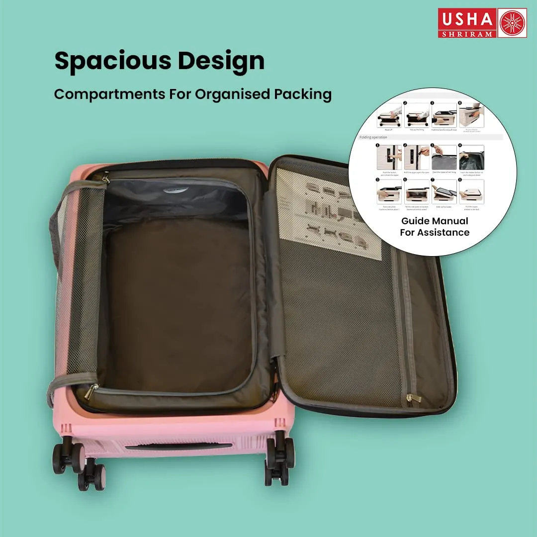 USHA SHRIRAM Cabin Bag (20 Inch - 55Cm) Collapsible Luggage Bag Polypropylene Shell Rose Pink Suitcase For Travel 360 Degree Spinner Wheel Foldable Trolley Bag For Travel