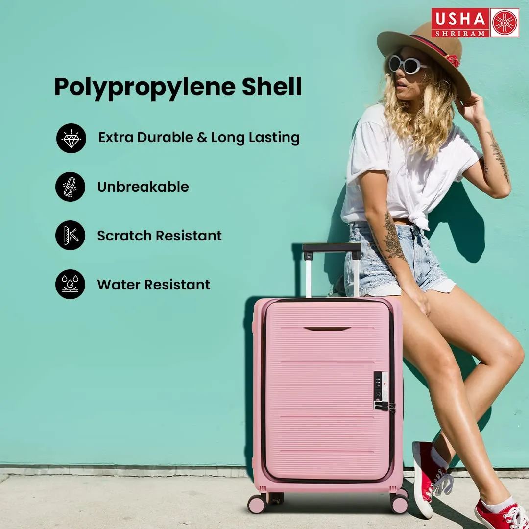 USHA SHRIRAM Cabin Bag (20 Inch - 55Cm) Collapsible Luggage Bag Polypropylene Shell Rose Pink Suitcase For Travel 360 Degree Spinner Wheel Foldable Trolley Bag For Travel