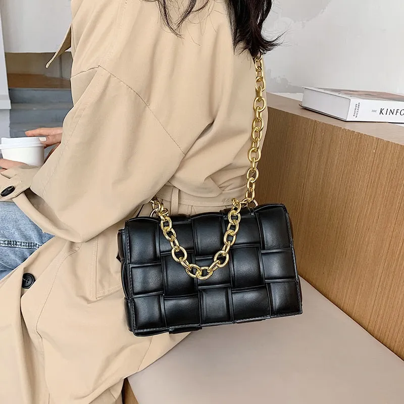 Women's Weave Leather Bags with Thick Chains